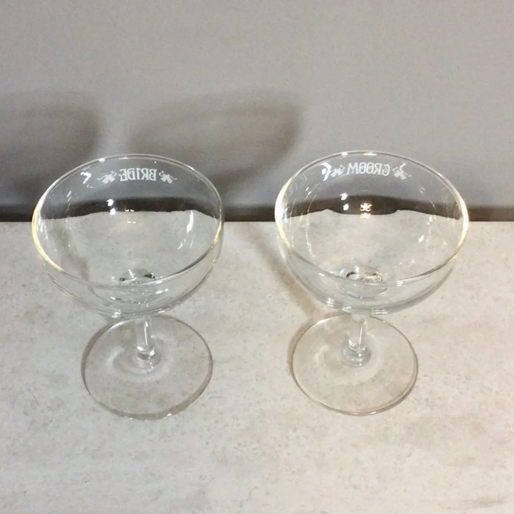 Bride & Groom Etched Coupe Glasses - Clear Wedding Toasting Set (2)